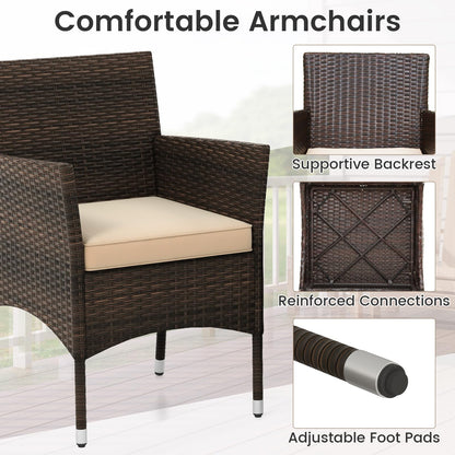 3 Pieces Patio Rattan Furniture Set with Soft Cushions and Glass Top Table