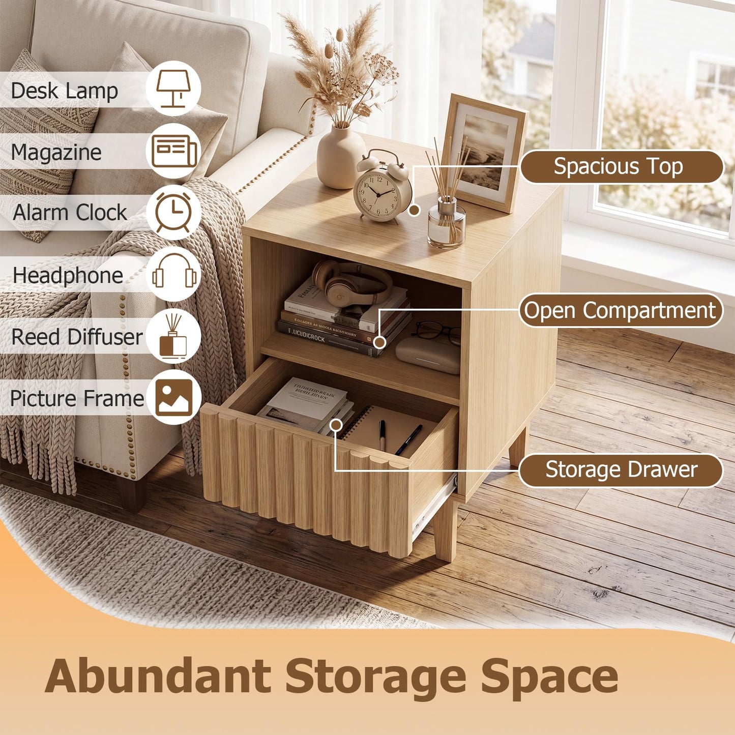Bedside Table, Wooden Nightstand End Sofa Side Table with Fluted Storage Drawer