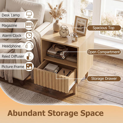 Bedside Table, Wooden Nightstand End Sofa Side Table with Fluted Storage Drawer