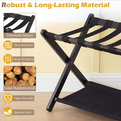 Folding Luggage Rack, Solid Rubber Wood Suitcase Stand with Storage Shelf