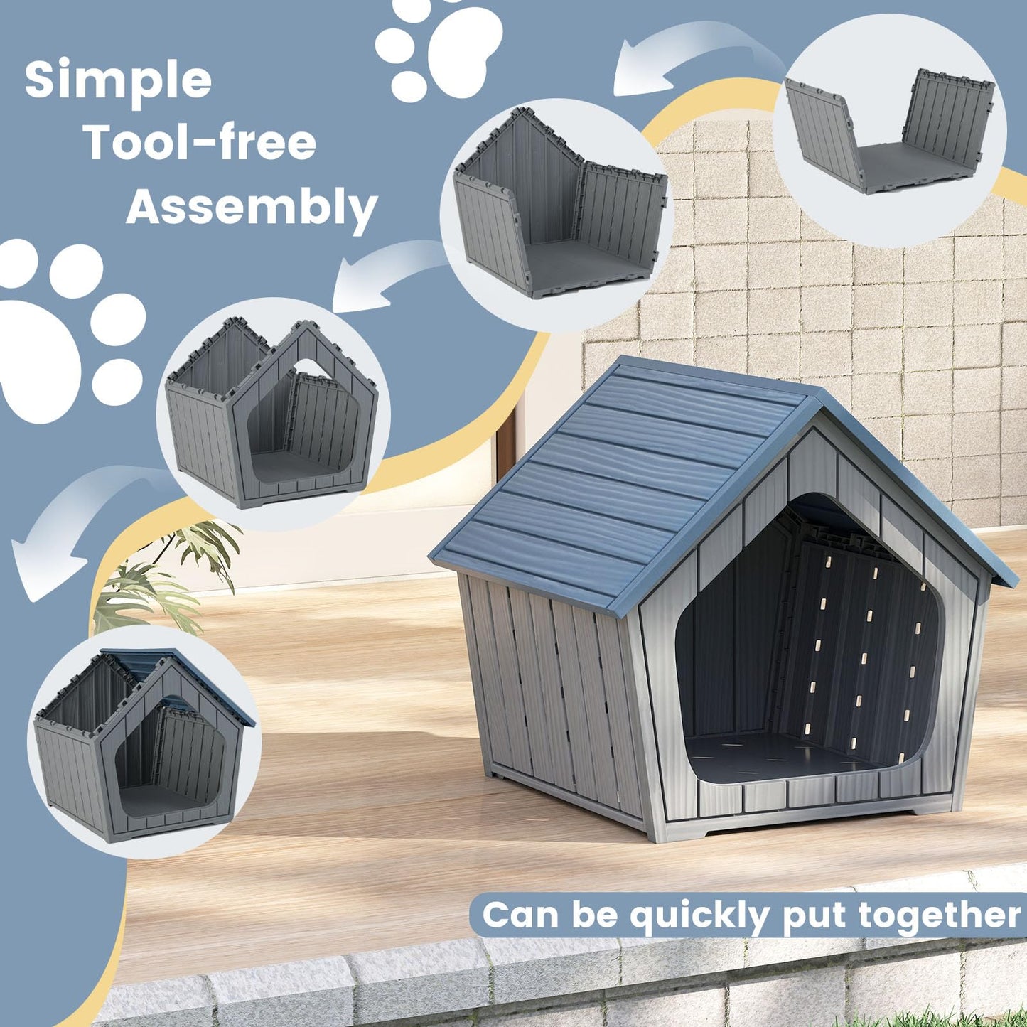 Plastic Dog House, Indoor Outdoor Cat House Condo with Sloping Roof