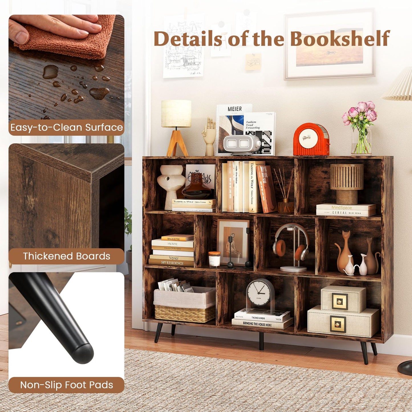 Bookcase 80/100/120/140 CM Storage Organizer with 4/5/5/5 Tapered Metal Legs