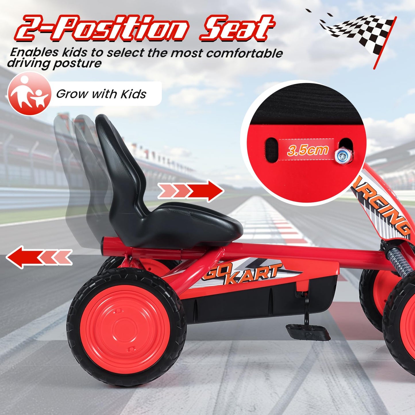 Kids Pedal Go Kart, Ride On Racer with 2-Position Seat