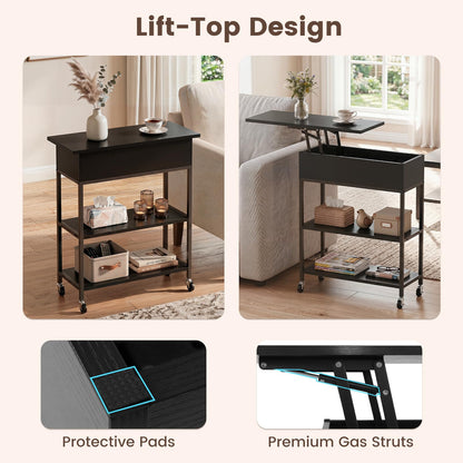 Rolling Lift Top End Table with Charging Station & Hidden Compartment for Living Room