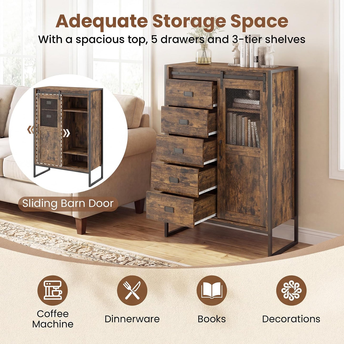 Storage Cabinet with Sliding Door & 5 Drawers