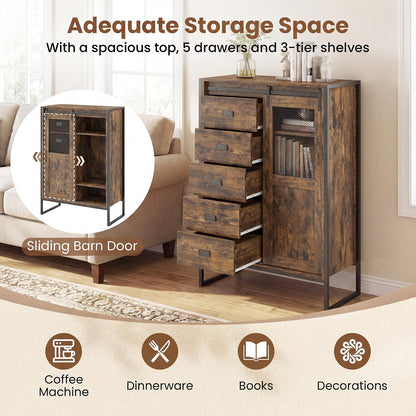 Storage Cabinet with Sliding Door & 5 Drawers