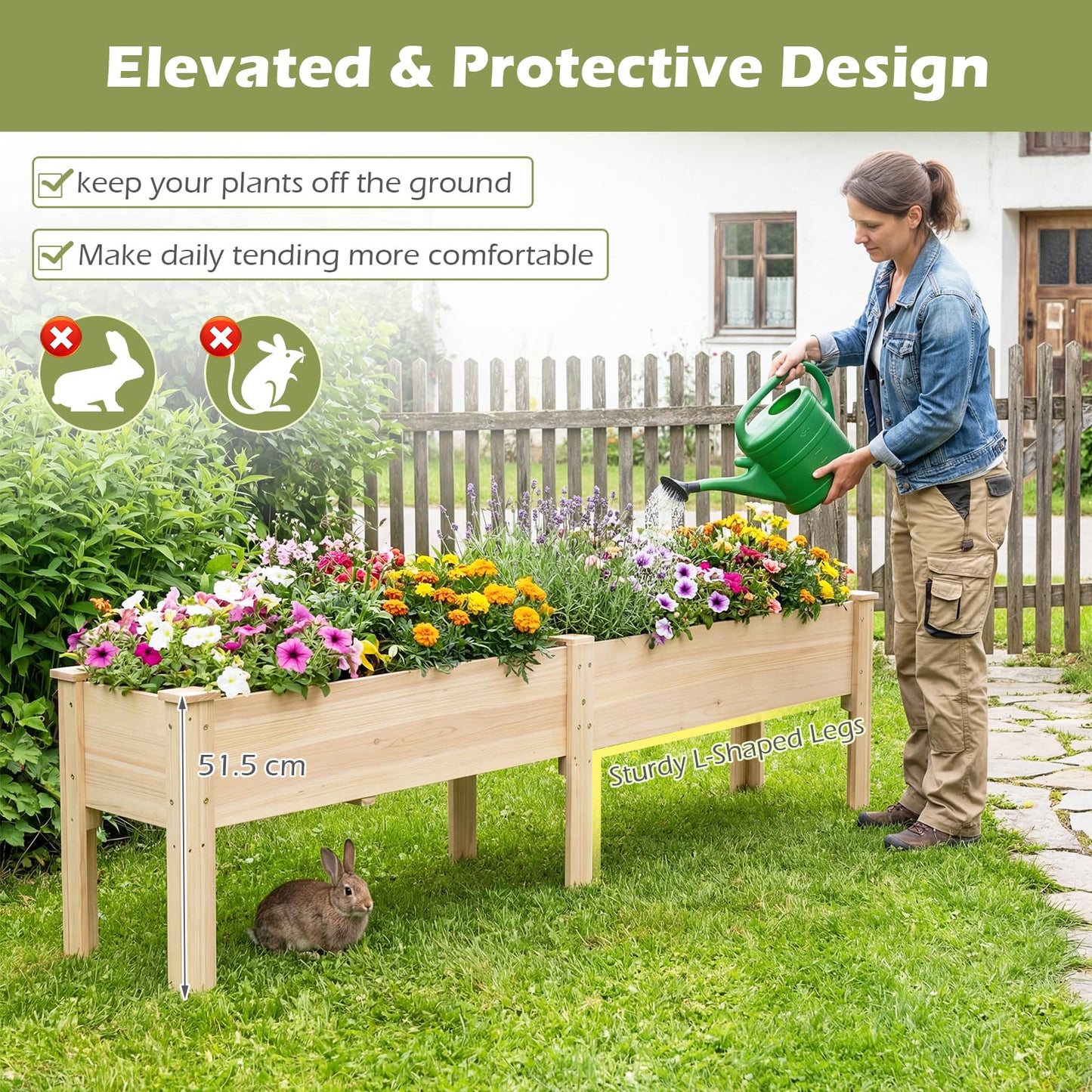 Raised Garden Bed, Wooden Elevated Planter Box with Legs and Drainage Holes