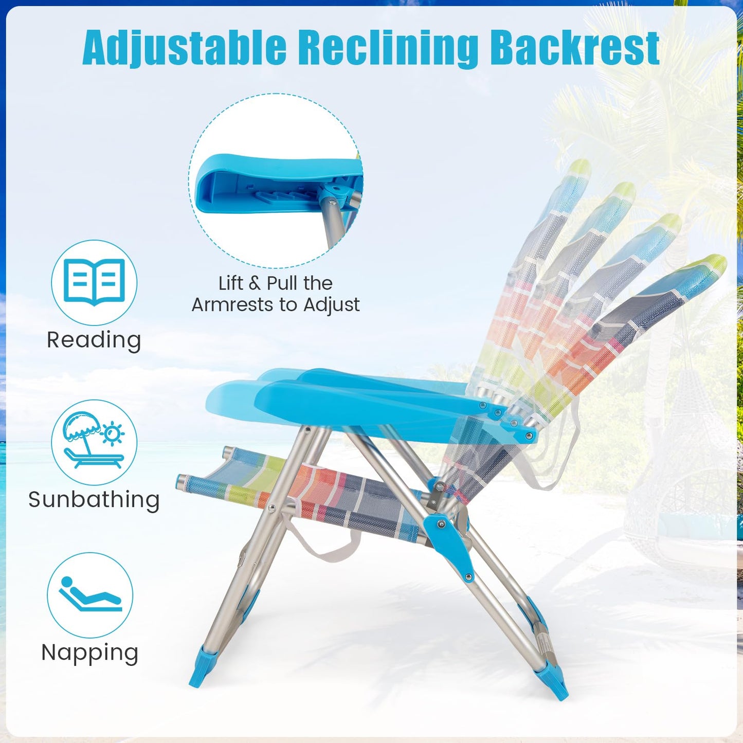 4 Adjustable Position Camping Chair with Armrests & Carry Strap