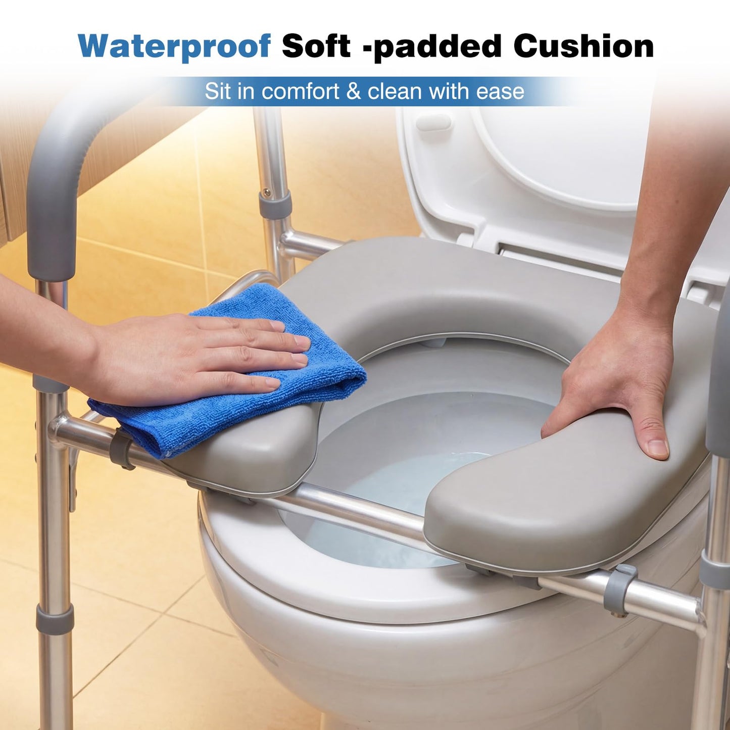 Adjustable Height and Width Raised Toilet Seat for Seniors with Padded Arms and Storage Bag