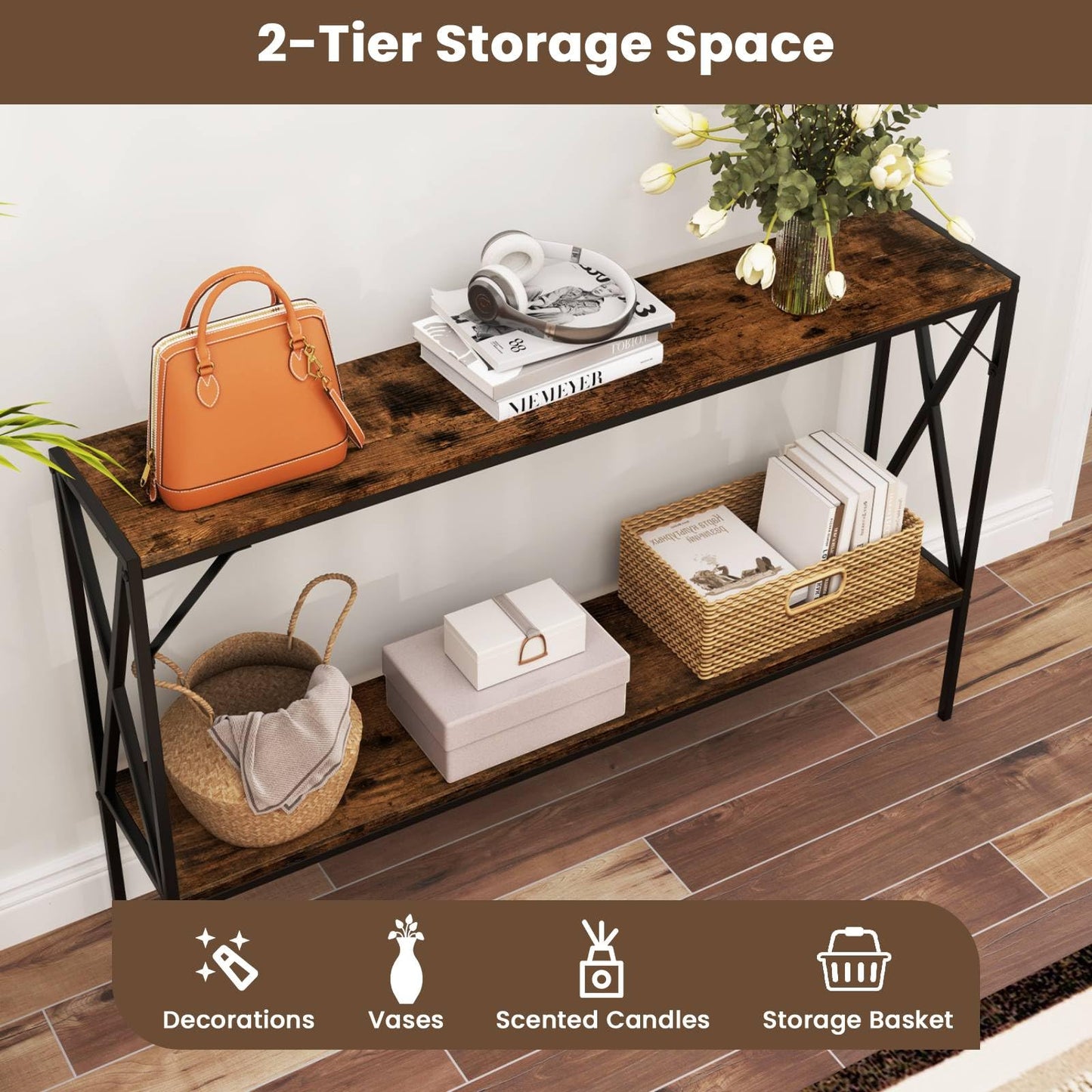 Industrial Console Table 2-Tier Narrow Sofa Table Behind Couch