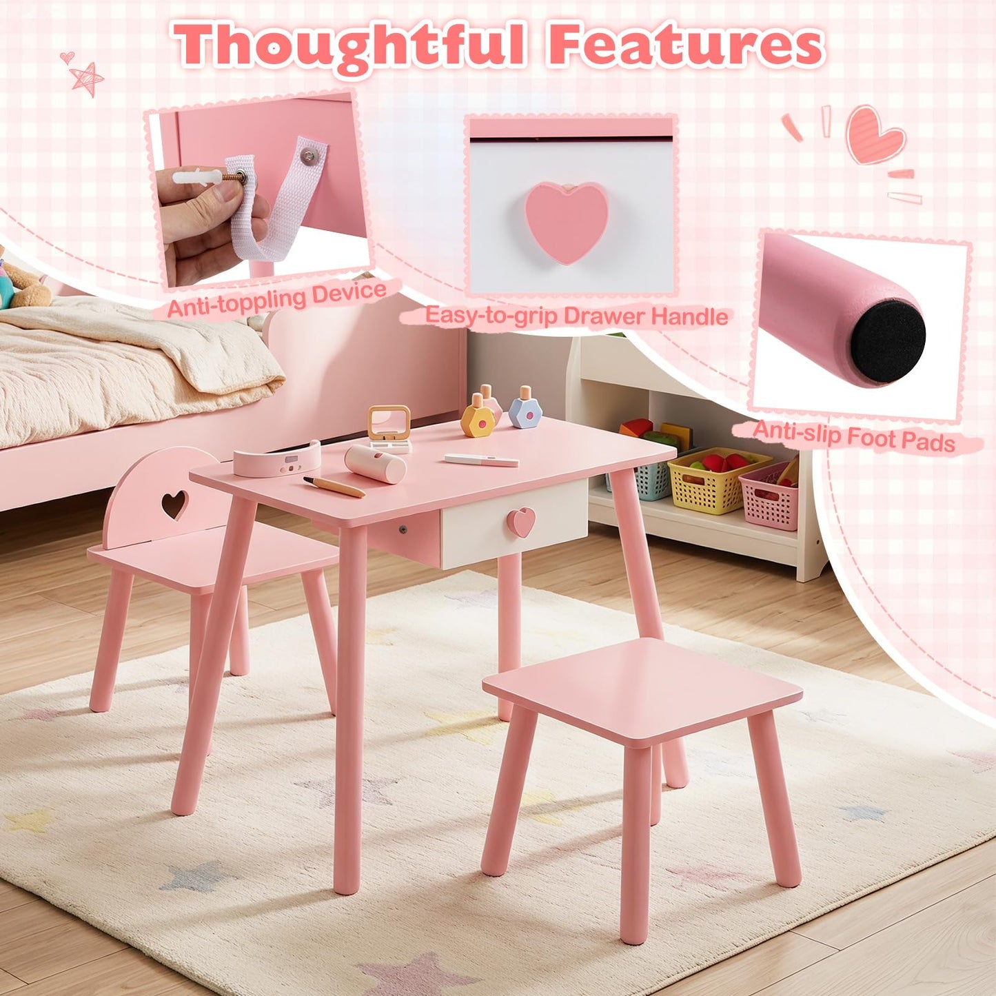 Kids Table and Chairs Set, Children Makeup Table with Eye Shadow
