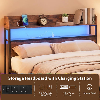 5FT King Size Bed Frame with RGB LED Lights, Charging Station