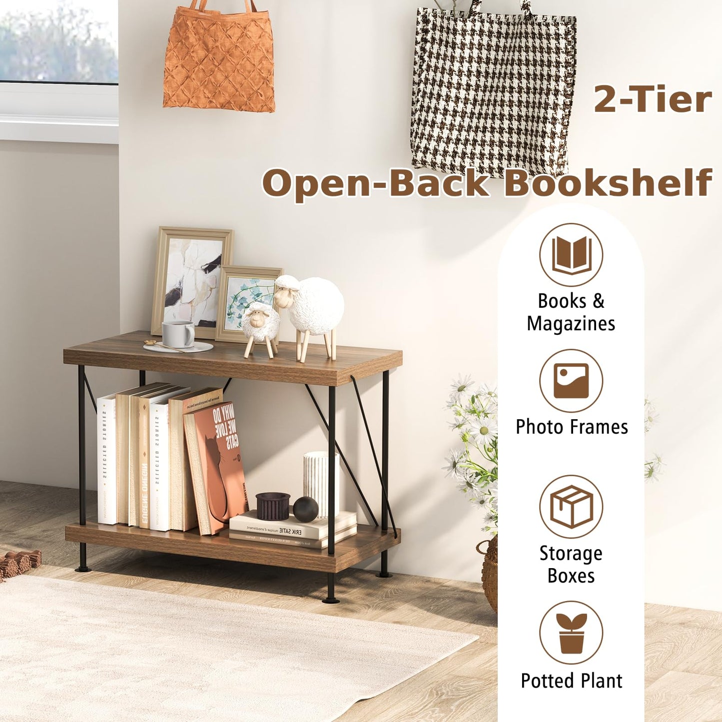 2-Tier Multipurpose Display Rack with Metal Frame for Living Room Home Office