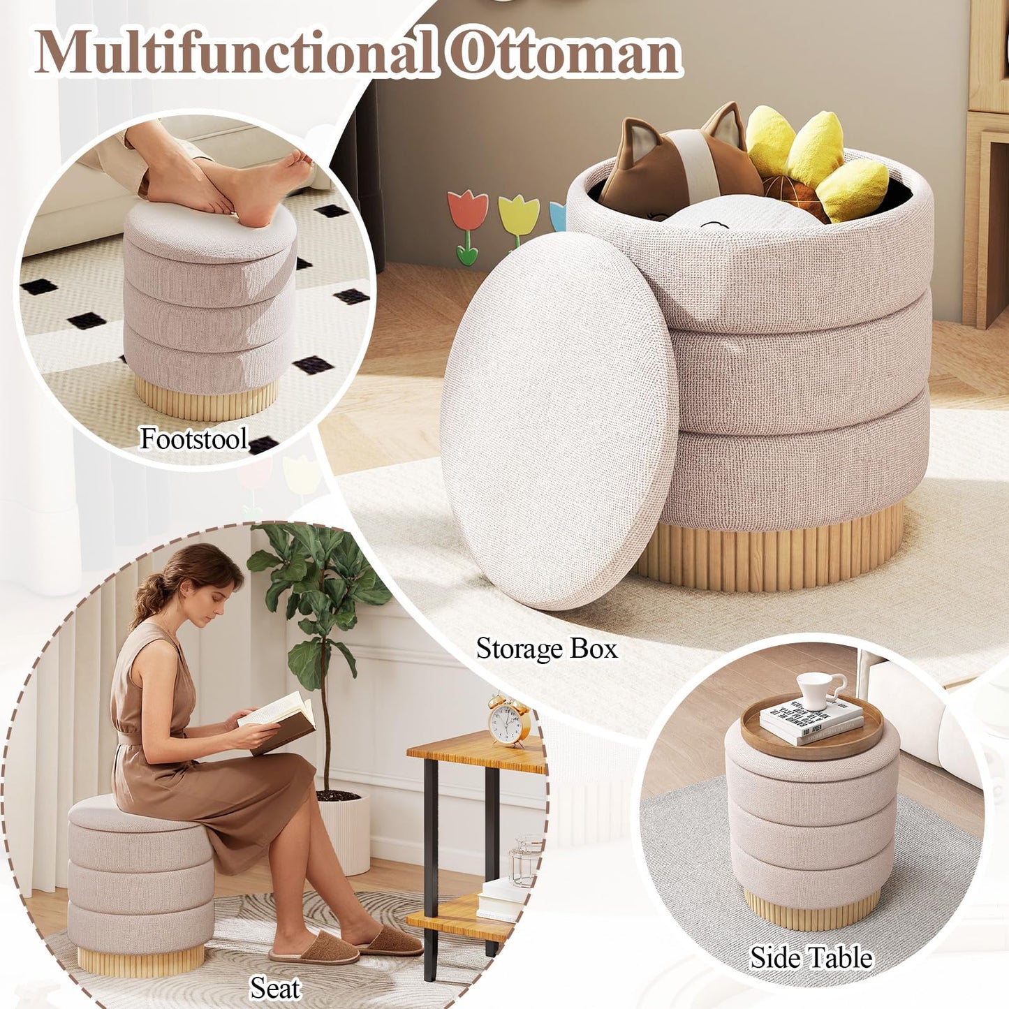 Modern Round Storage Ottoman with Removable Lid and Solid Wood Base
