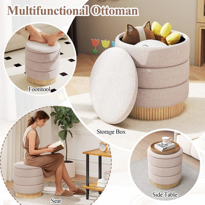 Modern Round Storage Ottoman with Removable Lid and Solid Wood Base