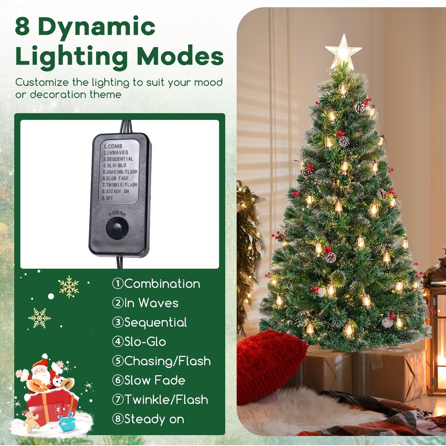 150/180CM Artificial Christmas Tree with 8 Lighting Modes and Optical Fibers