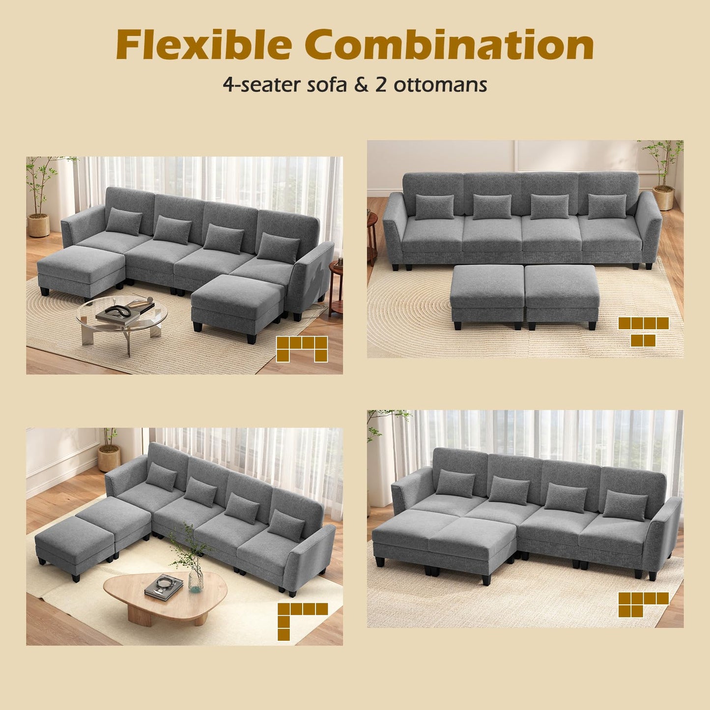 280 cm U-Shaped Sectional Sofa with 2 Ottomans & USB Charging Ports