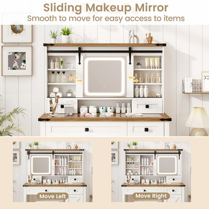 Makeup Vanity Desk and Stool Set with Sliding Mirror and Cabinet