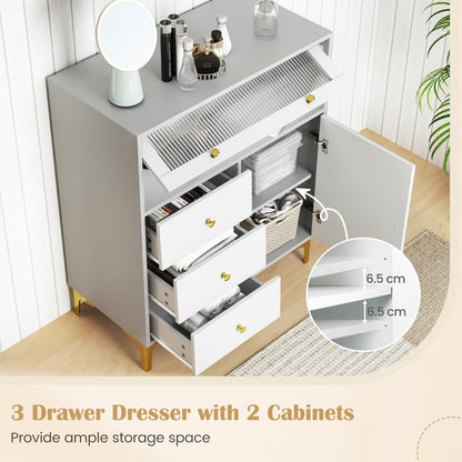 Giantex Wooden Chest of Drawers 3-Drawer Dresser Storage Cabinet with Flip Up Fluted Glass Door & Adjustable Shelf