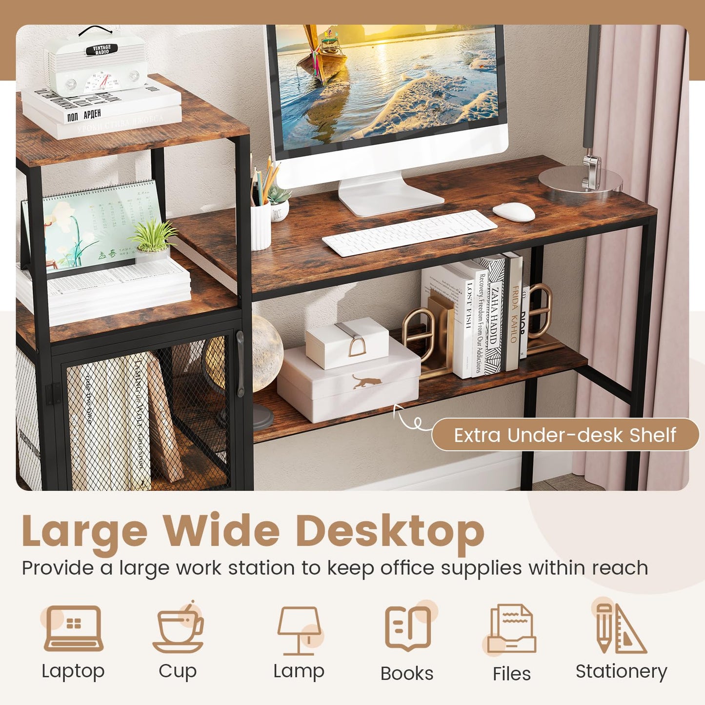 Computer Desk, 2-in-1 Workstation PC Laptop Table with Storage Bookshelf