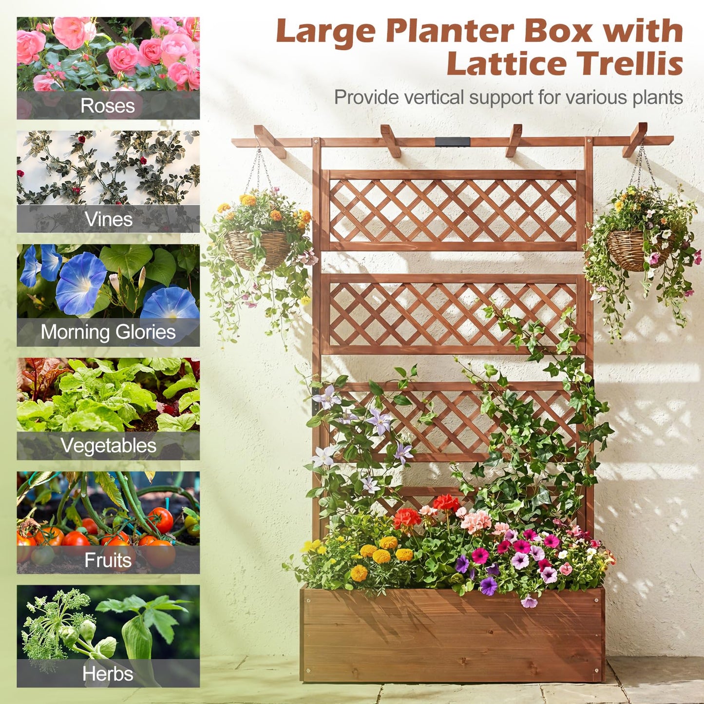 Wooden Planter Box Raised Garden Bed with Lattice Trellis