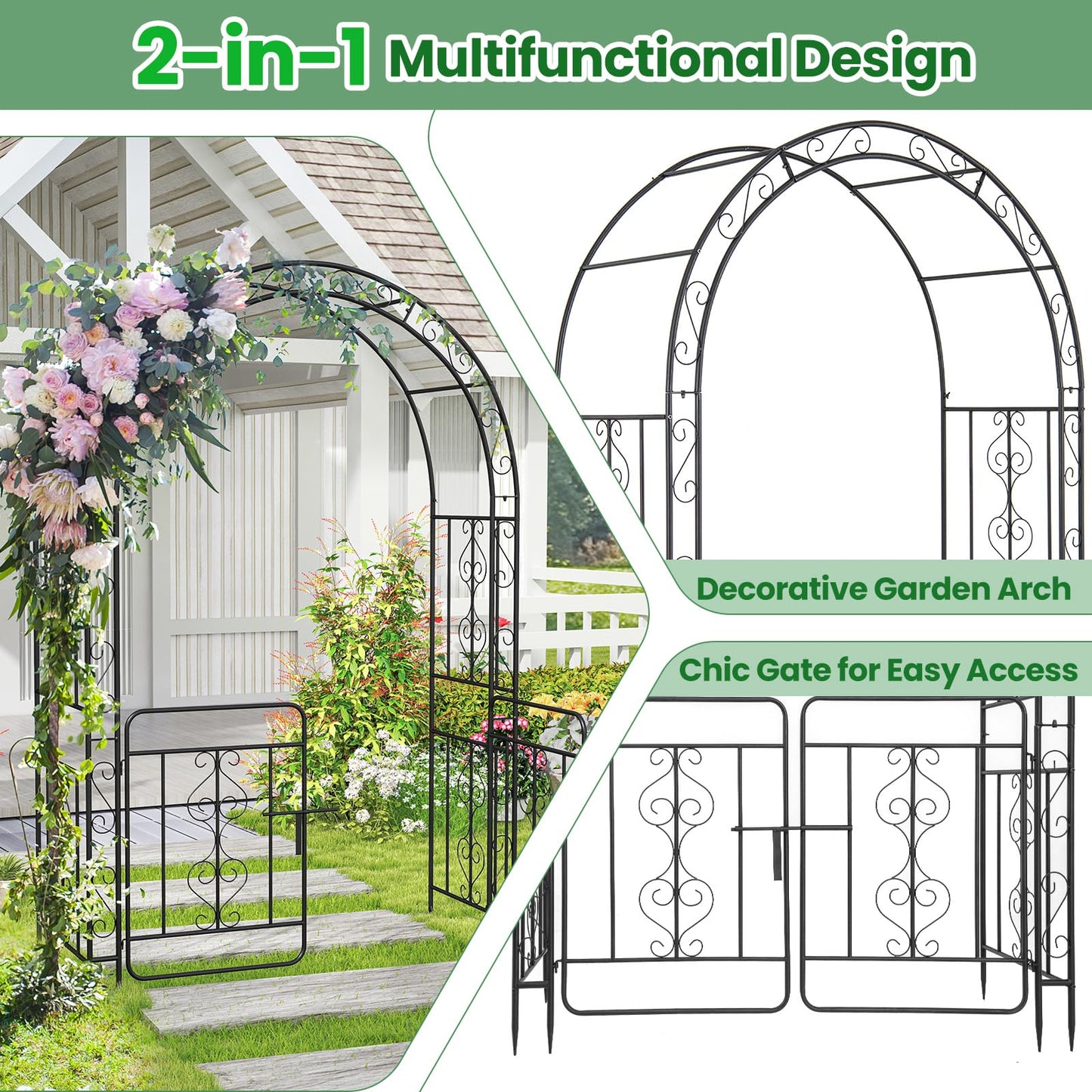 Garden Arbor with Gate and Multiple Side Crossbars for Decoration