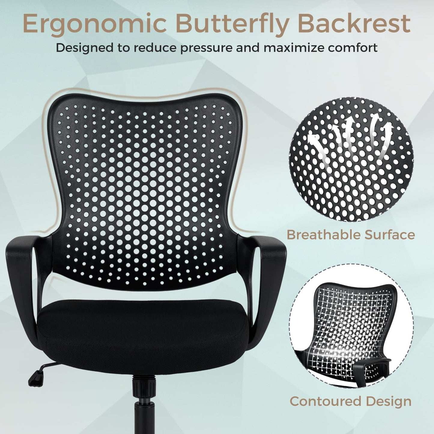 Ergonomic Office Chair, Computer Desk Chair with Armrests, Padded Cushion and Butterfly Backrest