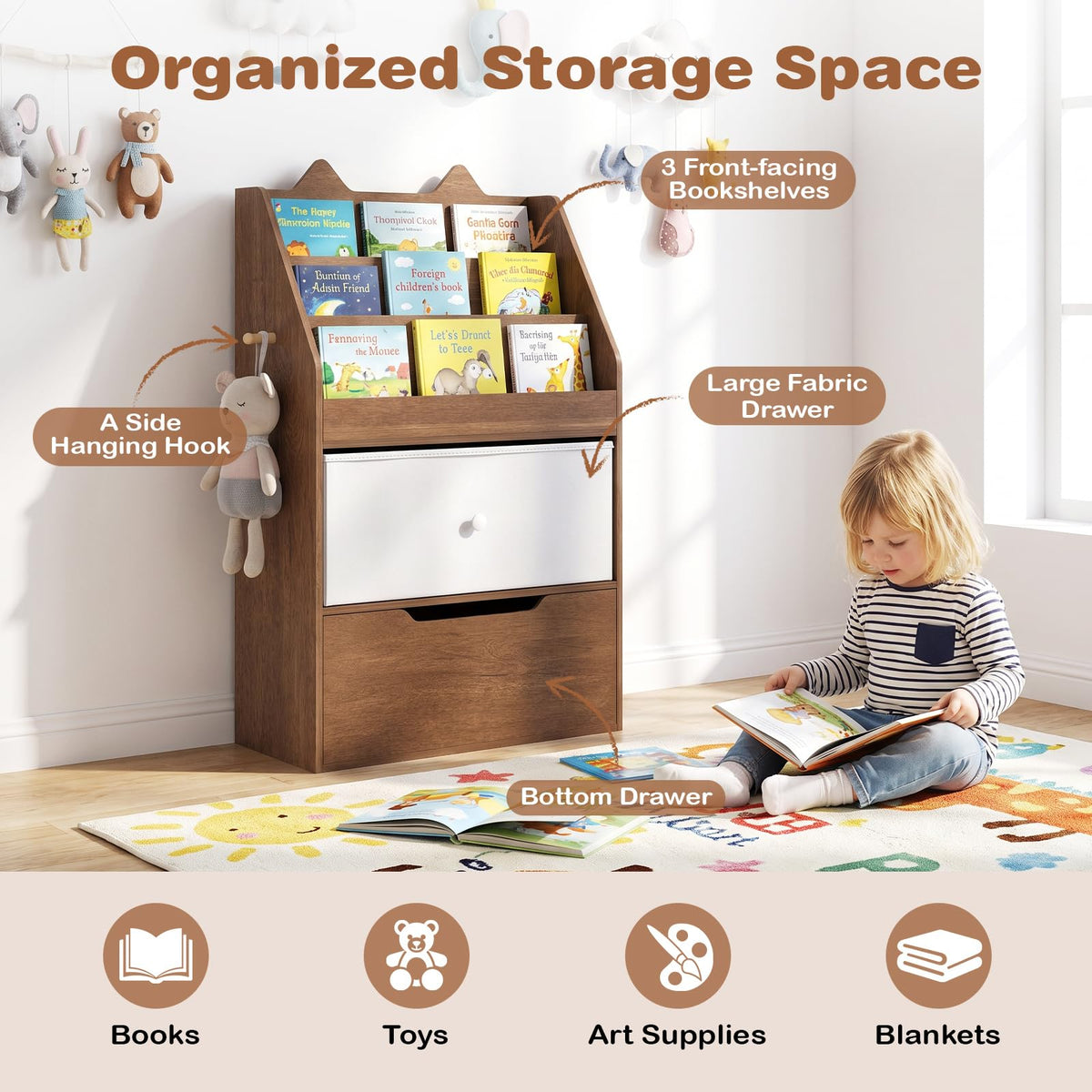 Kids Bookshelf, Wooden Children Bookcase with Drawer