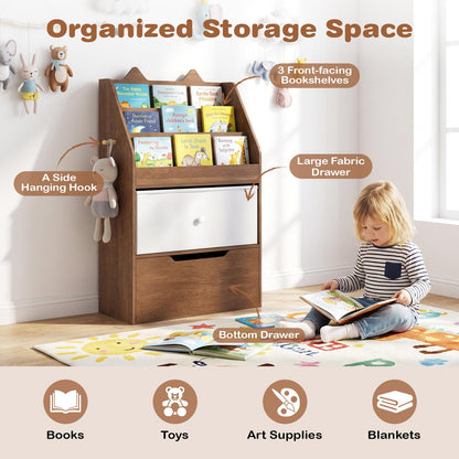 Kids Bookshelf, Wooden Children Bookcase with Drawer