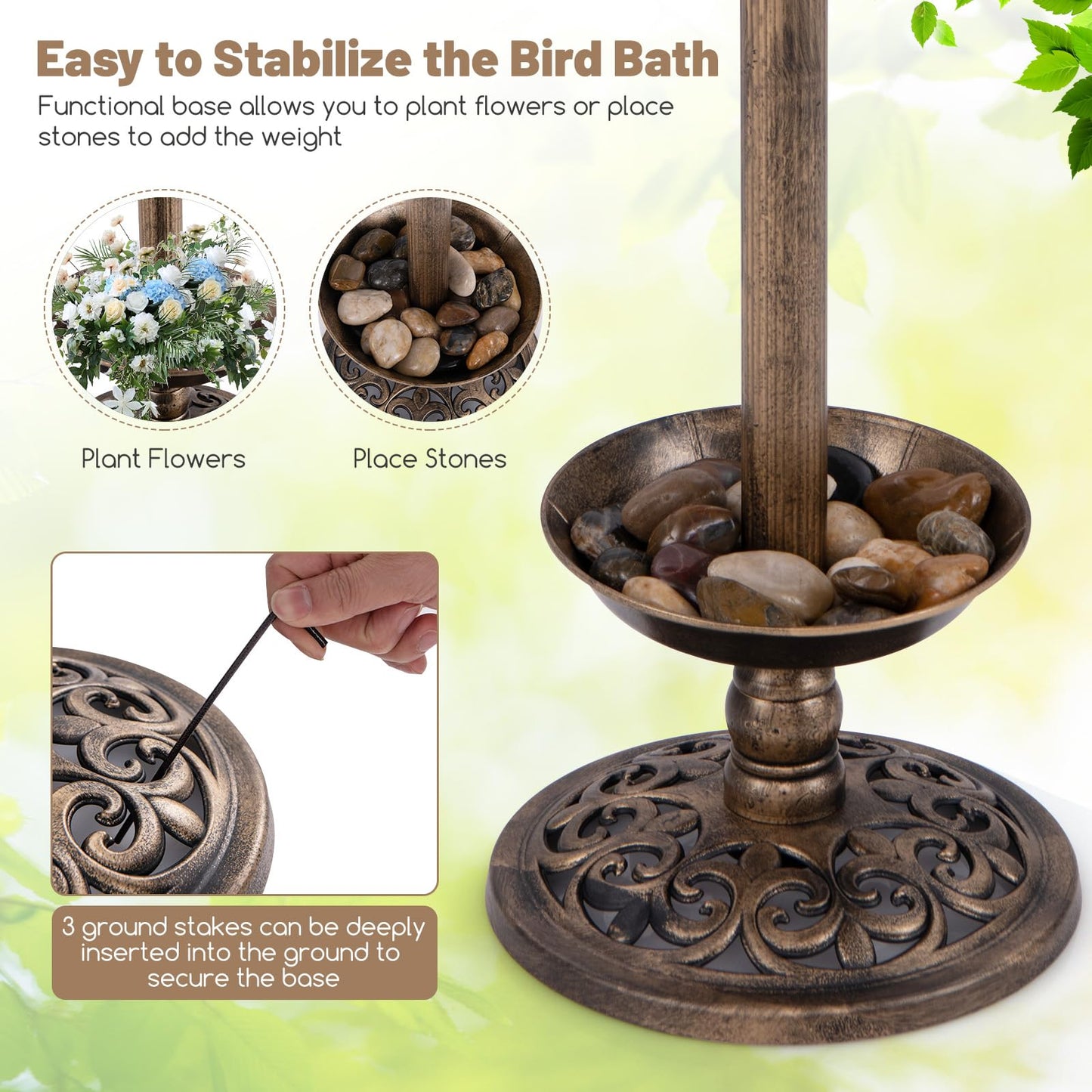 43cm Outdoor Birds Table with Solar Light & Lotus Leaf Bowl