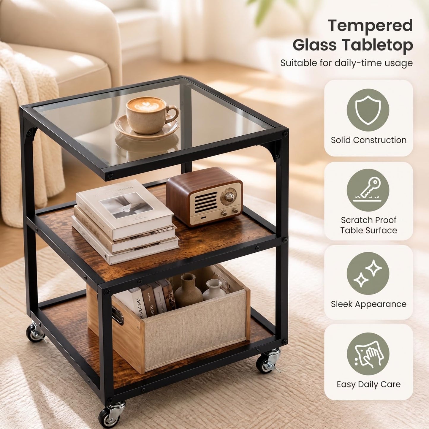 Rolling Side Table, 3-Tier Mobile End Table