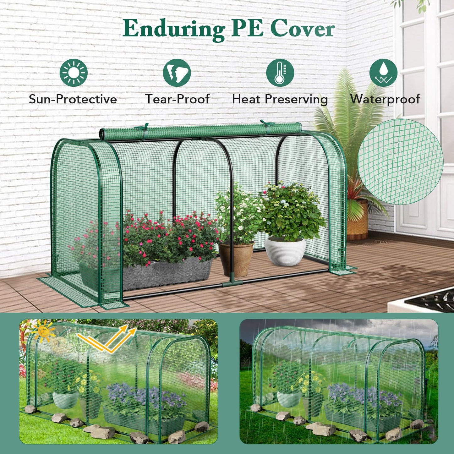 Portable Garden Patio Greenhouse with Roll-up Zipper Door and Waterproof Sun-Protective PE Cover