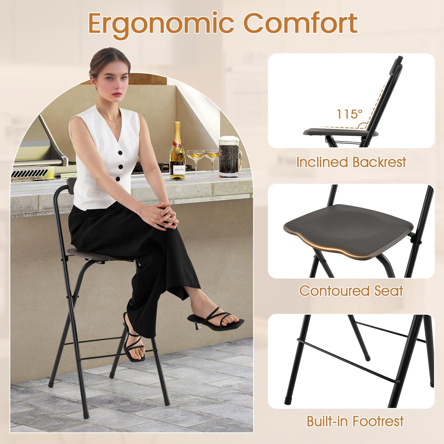 Folding Bar Stools Set of 2, Outdoor Barstools with Backrest and Footrest