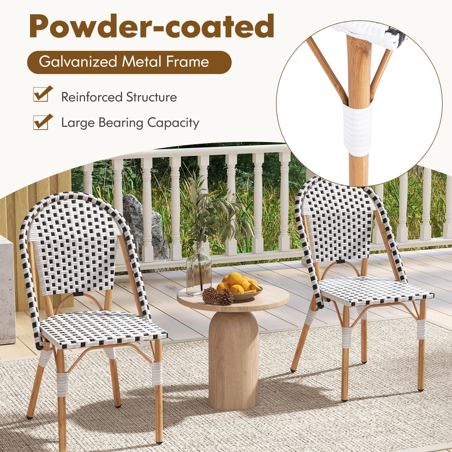 GiantexUK Rattan Outdoor Set of 2 Metal Frame Garden Chairs with Backrest & Adjustable Foot Pads