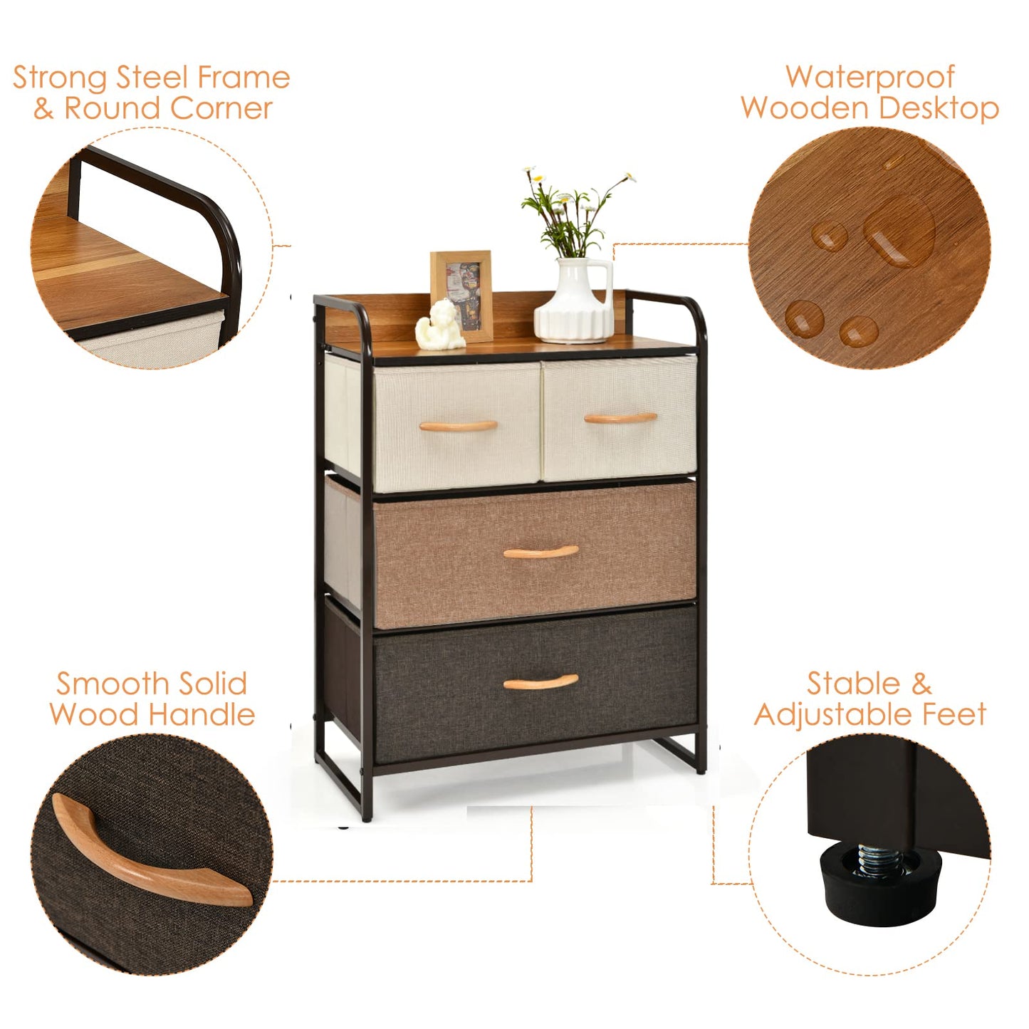 Vertical Dresser Storage Tower with Wooden Top and 4 Drawers