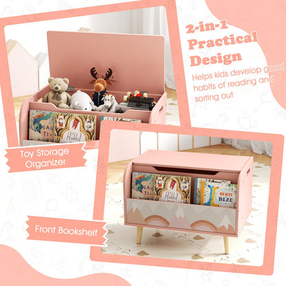 Wooden Toy Box, Kids Storage Chest with Flip-top Lid, Front Bookshelf