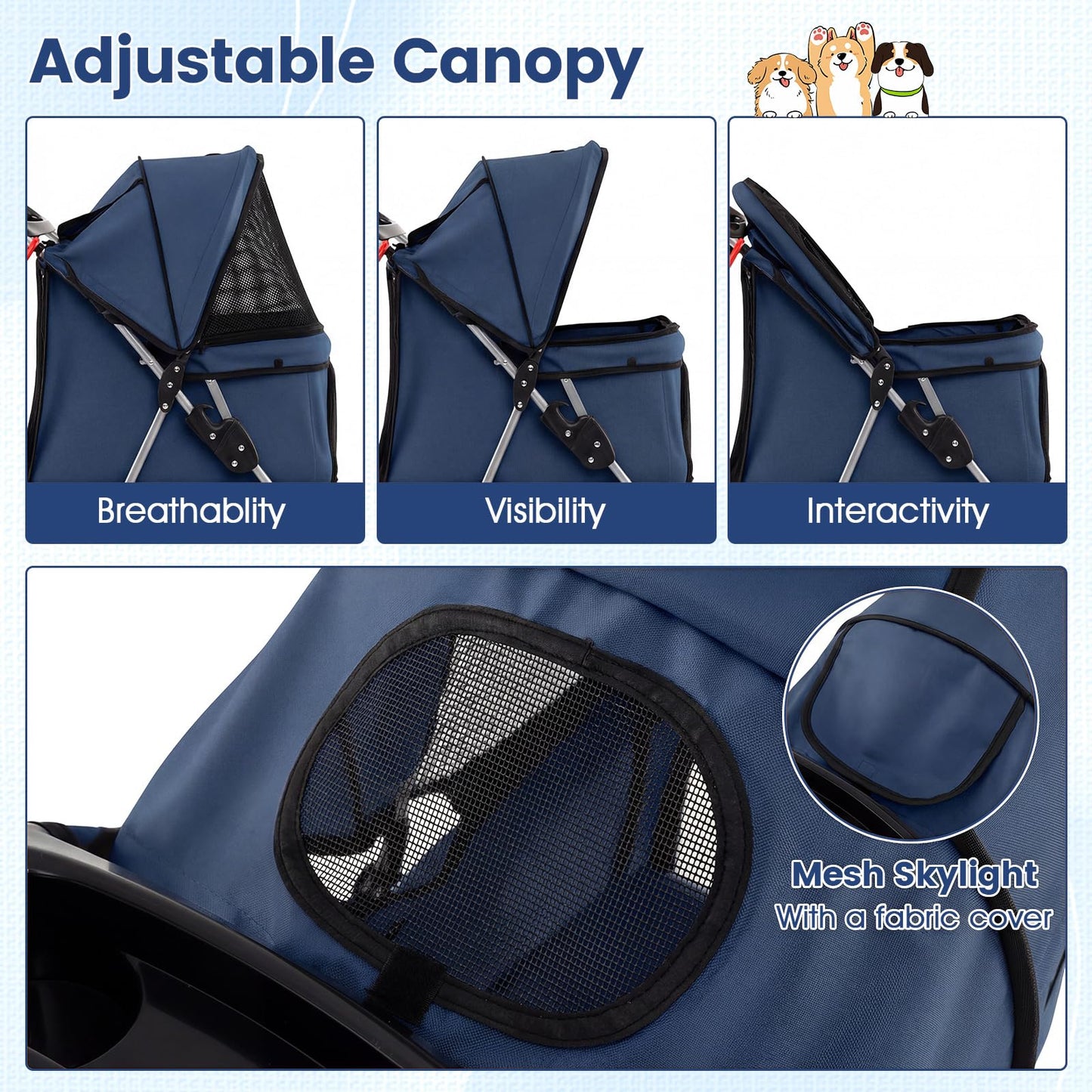 Pet Stroller, 4 Wheels Foldable Dog Pushchair Cat Pram with Adjustable Canopy