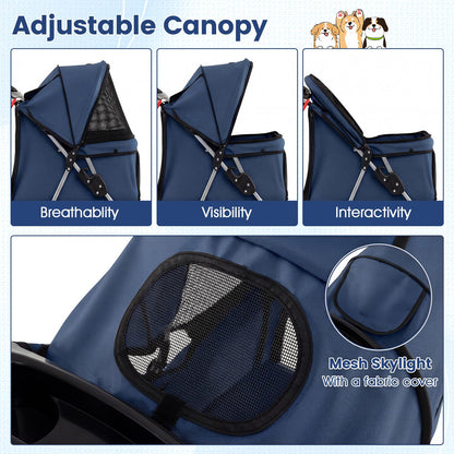 Pet Stroller, 4 Wheels Foldable Dog Pushchair Cat Pram with Adjustable Canopy