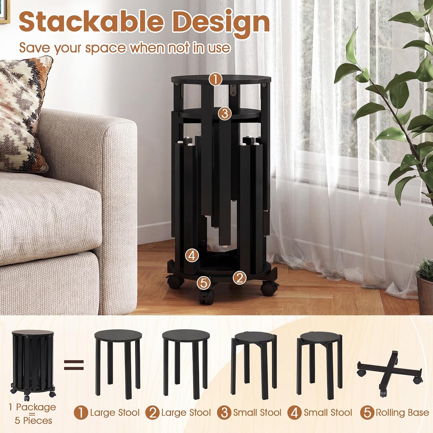 Stackable Stools Set of 4 with Rolling Base Solid Rubber Wood Nesting Stools