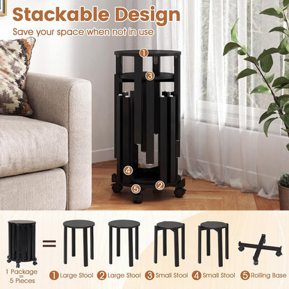 Stackable Stools Set of 4 with Rolling Base Solid Rubber Wood Nesting Stools