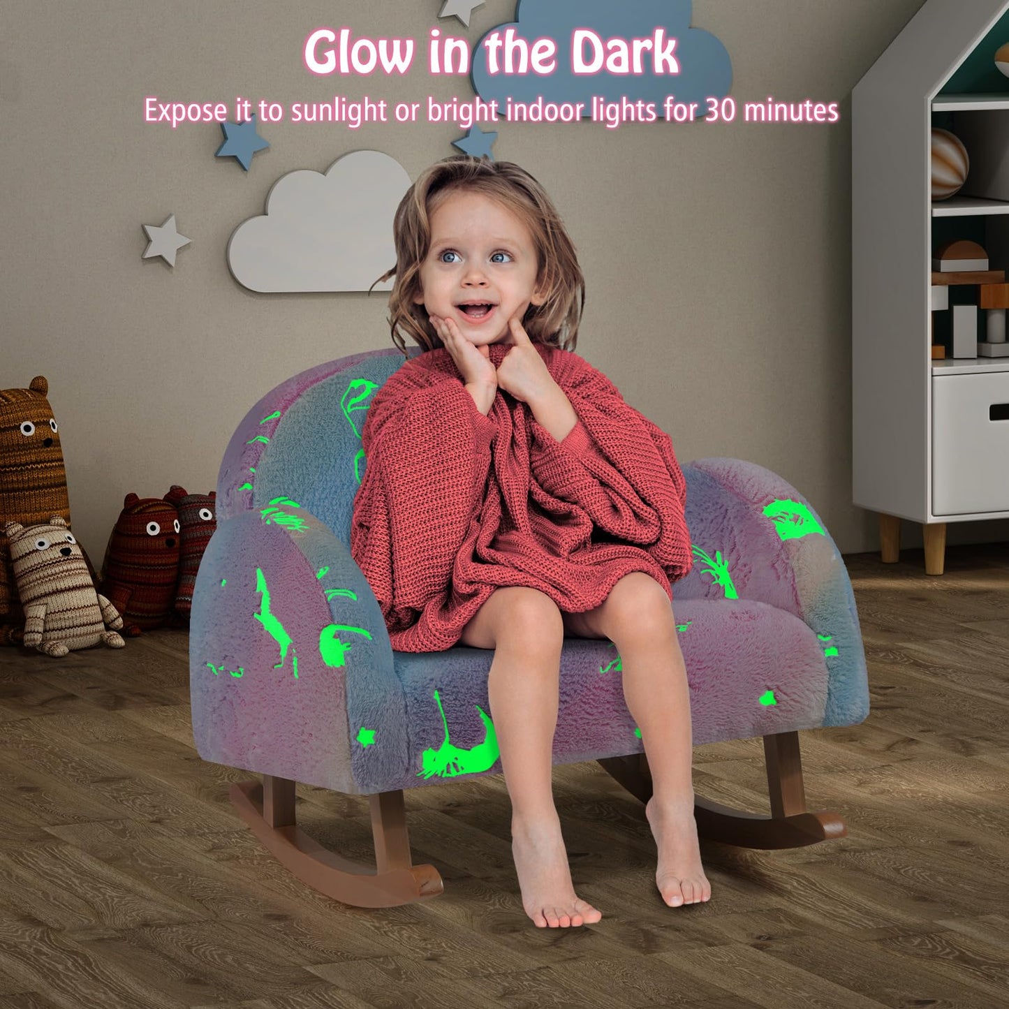 Upholstered Kids Rocking Chair with Luminous Effect and Poplar Wood Rocking Feet