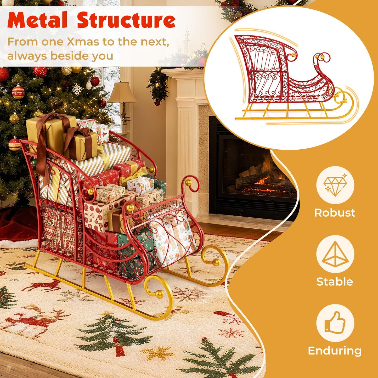 Metal Christmas Santa Sleigh Basket 2-Tier Xmas Santa’s Gift Storage Sleigh
