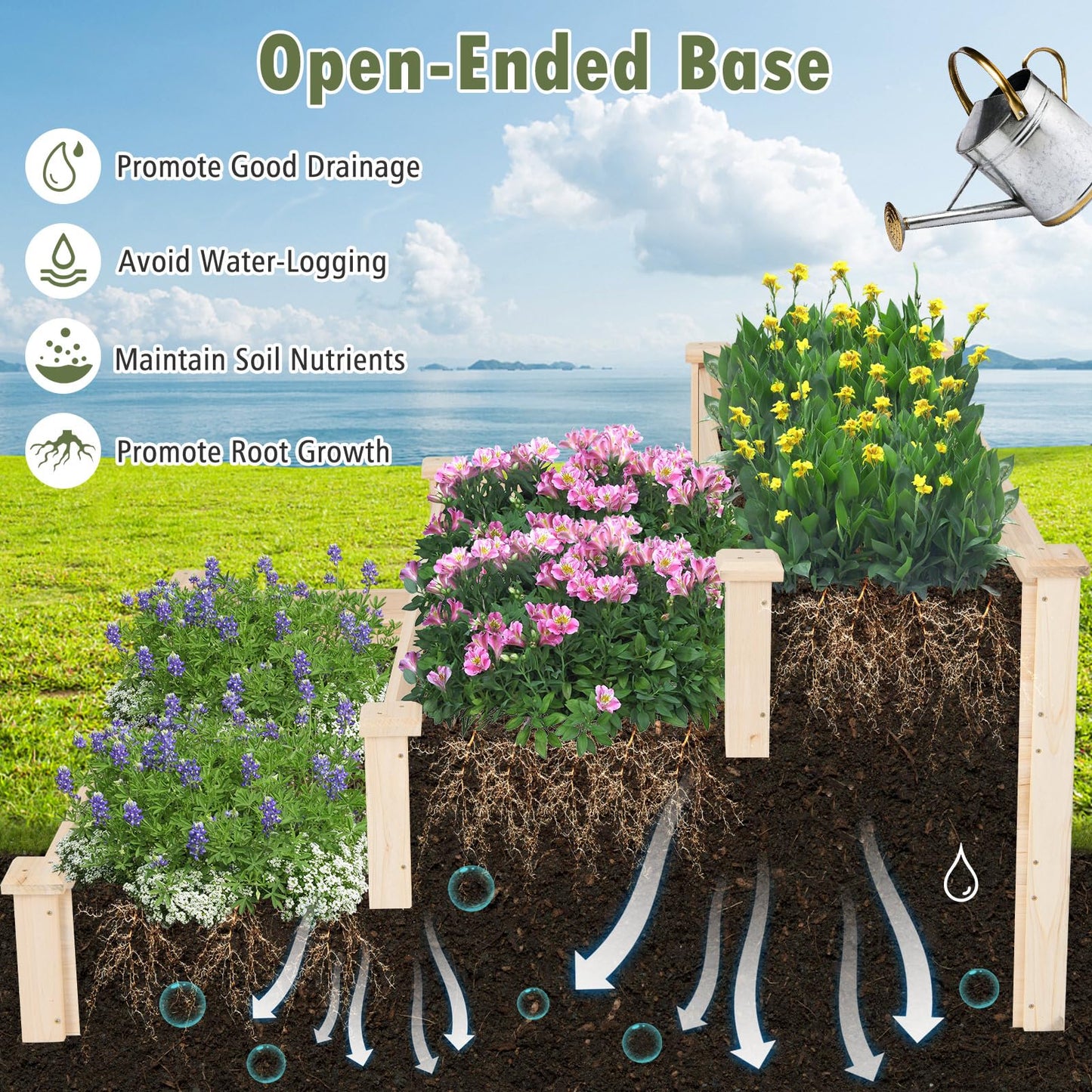 3-tier Fir Wood Raised Garden Bed with Open-ended Base