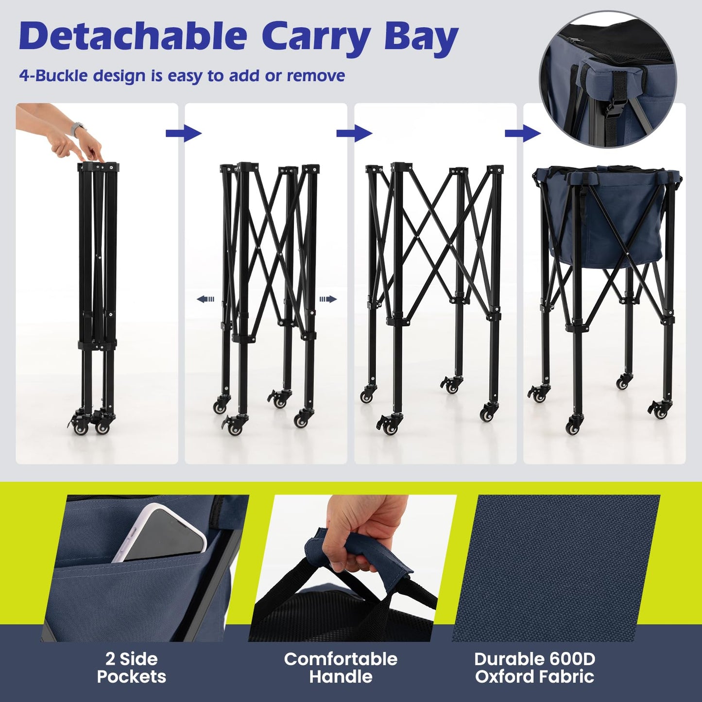 Foldable Aluminum Tennis Ball Cart Hopper Basket with Wheels