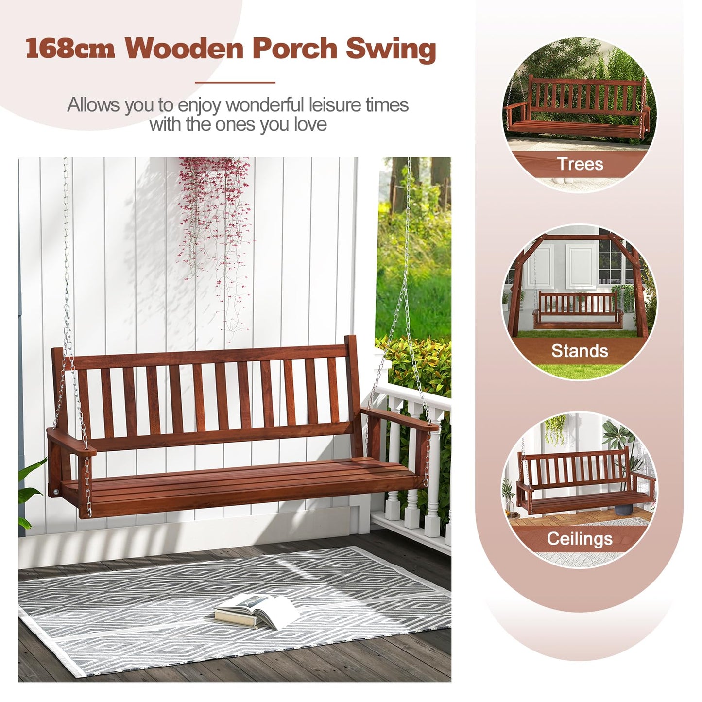 2/3 Person Wooden Outdoor Porch Swing with Adjustable Upper Chains