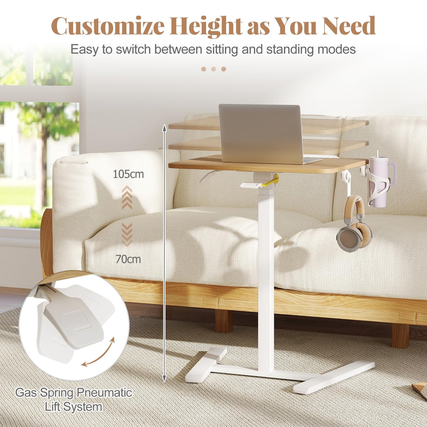 Foldable Mobile Standing Desk Rolling Laptop Desk with 90° Tiltable Tabletop
