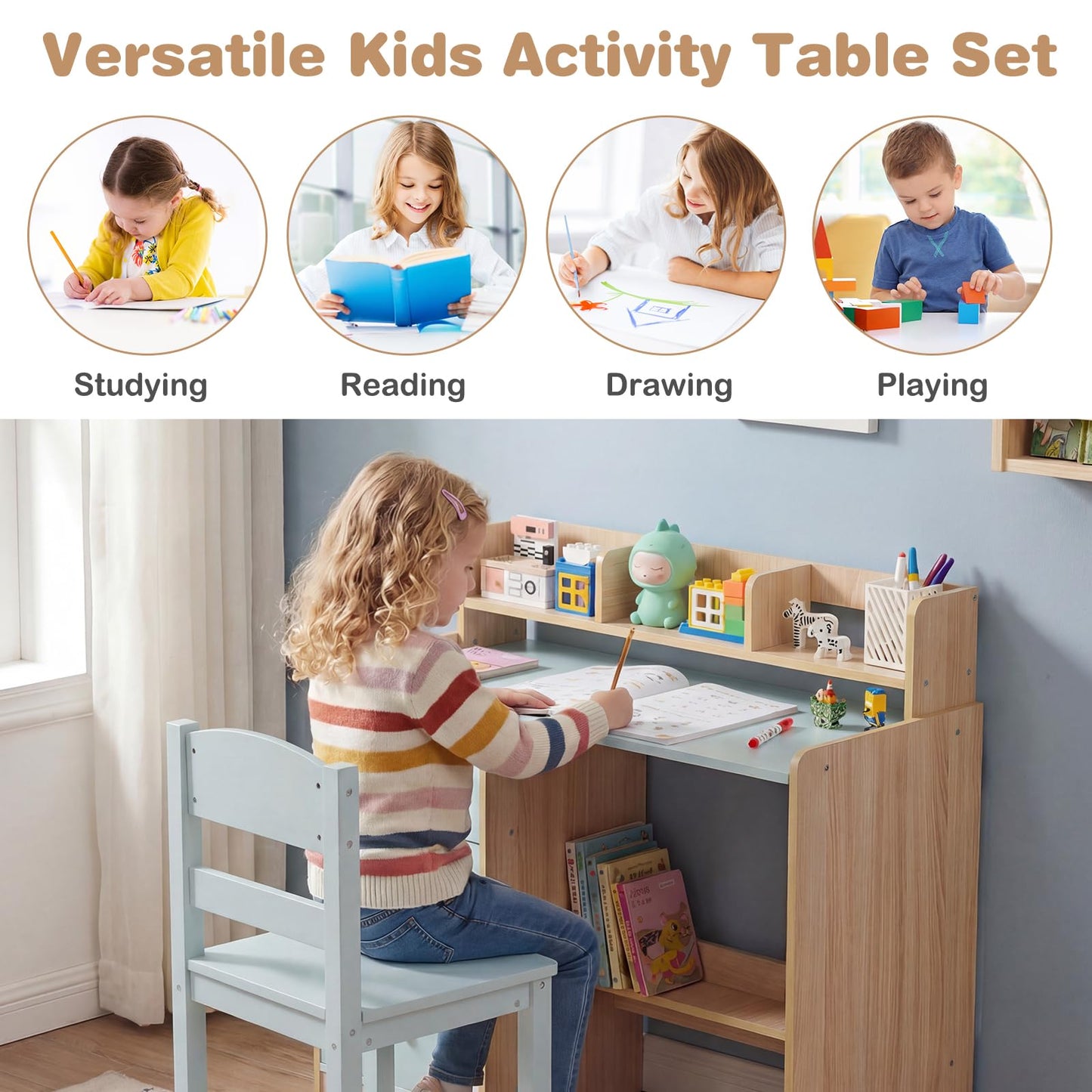 Kids Table and Chair Set, Wooden Children Desk and Chair with 3 Drawers