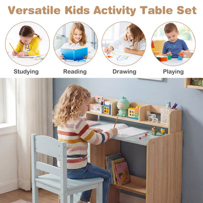 Kids Table and Chair Set, Wooden Children Desk and Chair with 3 Drawers