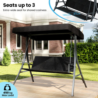 3-Person Porch Swing with Stand Adjustable Canopy Swing with Rattan Seat