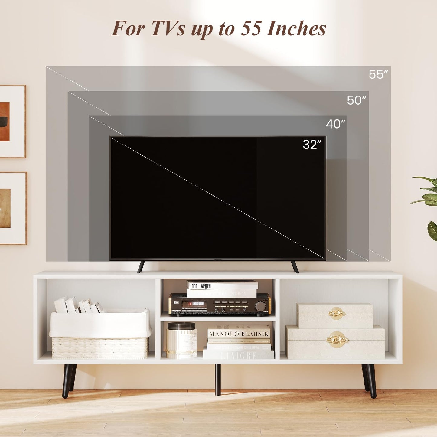 120cm Mid Century Modern TV Stand with Shelves and 5 Metal Legs